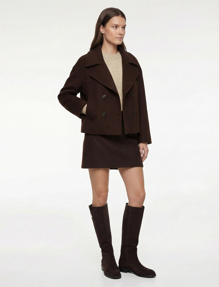  Cepli Kruvaze Uzun Kollu Düğmeli Kısa Kaşe Mont