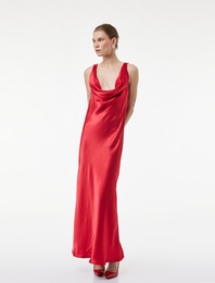 Kolsuz Degaje Yaka Viskon Karışımlı Saten Uzun Abiye Elbise