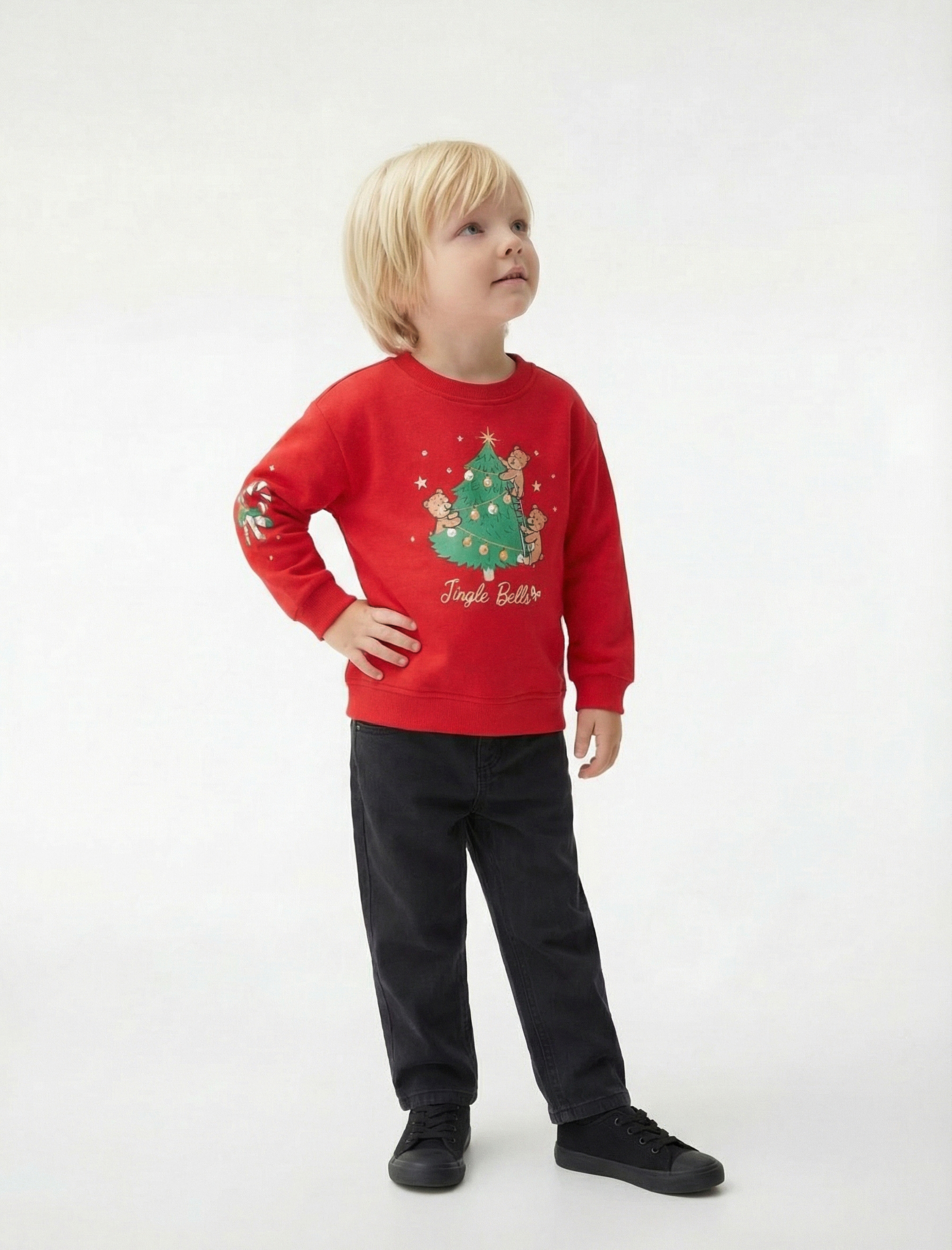  Kız Bebek Pamuklu Uzun Kollu Bisiklet Yaka Şardonlu Yılbaşı Baskılı Sweatshirt