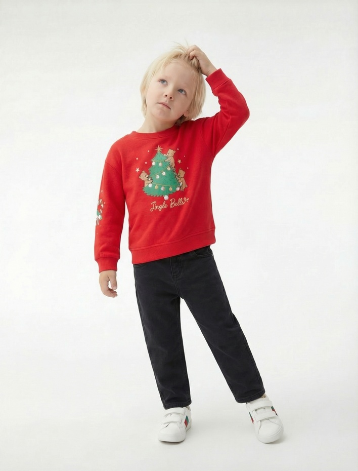 Kız Bebek Pamuklu Uzun Kollu Bisiklet Yaka Şardonlu Yılbaşı Baskılı Sweatshirt