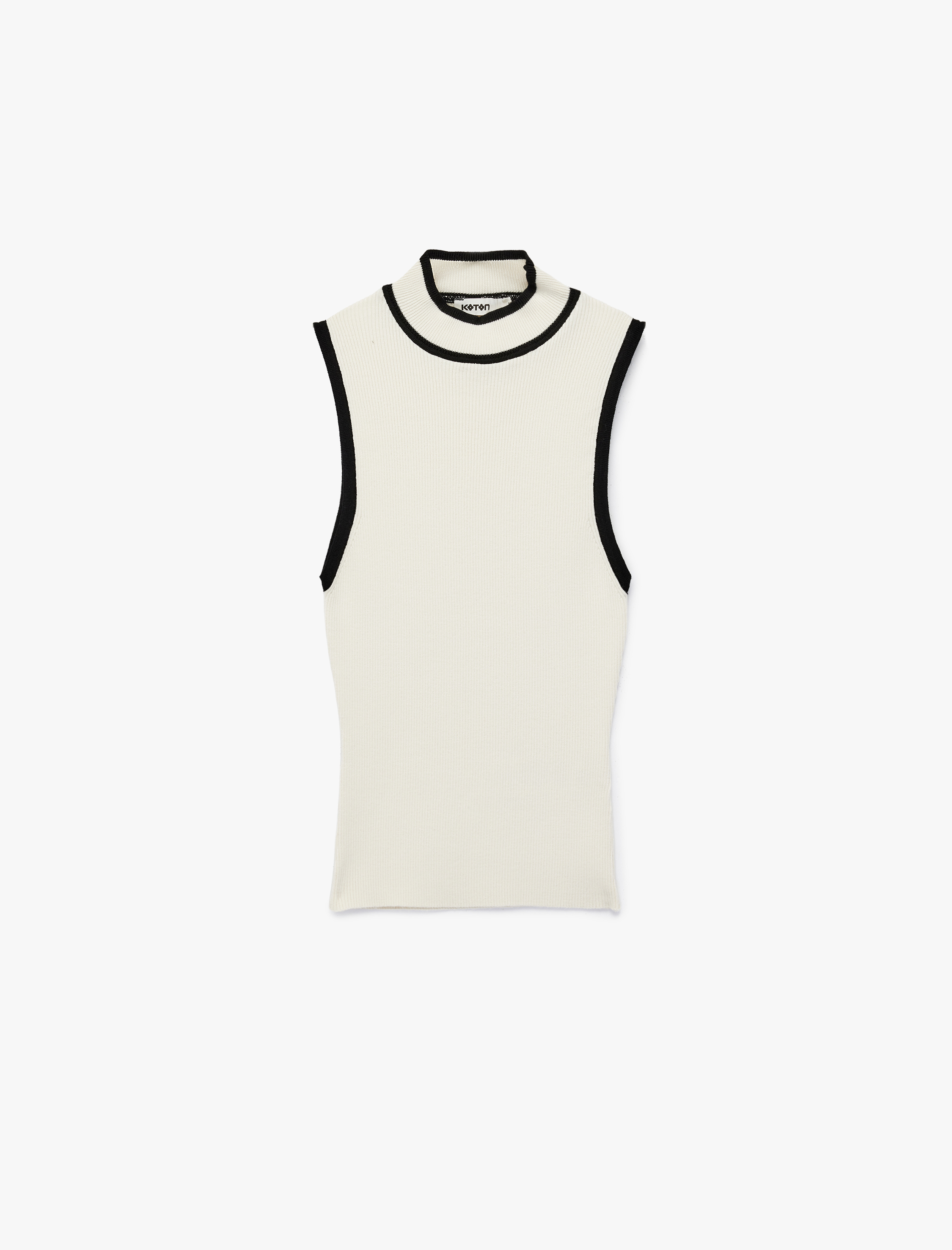   Kontrast Renk Detaylı Slim Fit Dik Yaka Kolsuz Triko Bluz