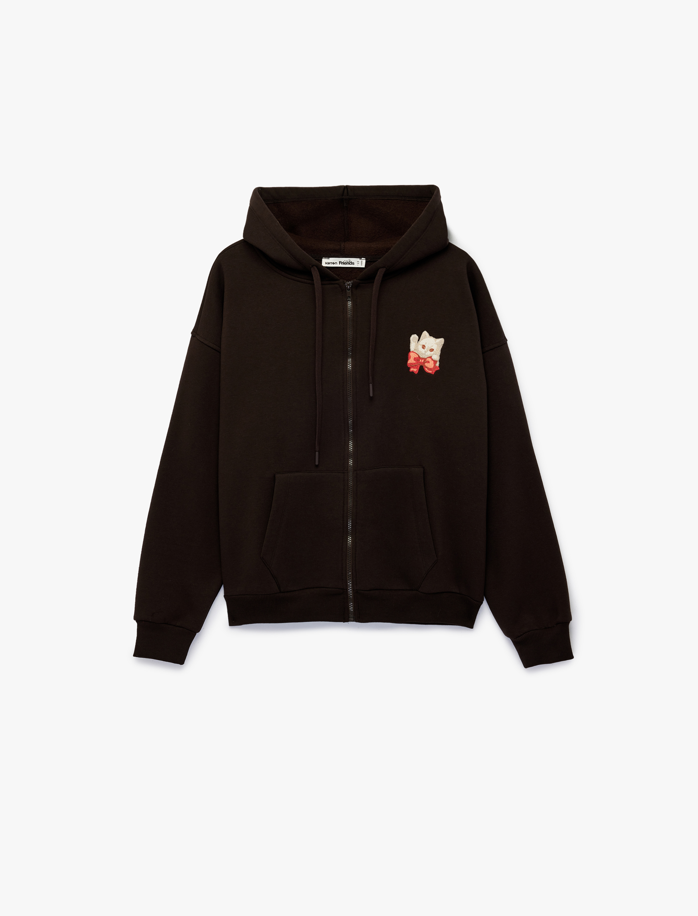   Rahat Kalıp Kapüşonlu Fermuarlı Kedi Arkası Baskılı Nakışlı Sweatshirt