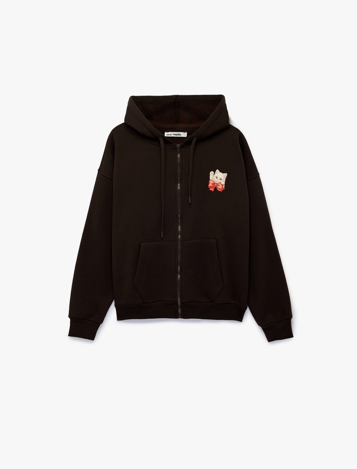  Rahat Kalıp Kapüşonlu Fermuarlı Kedi Arkası Baskılı Nakışlı Sweatshirt
