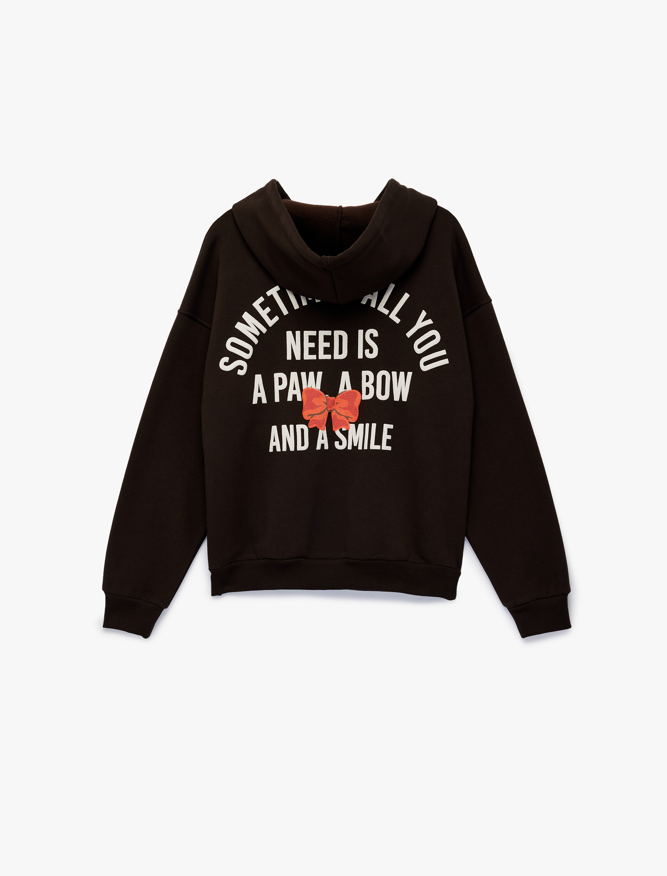   Rahat Kalıp Kapüşonlu Fermuarlı Kedi Arkası Baskılı Nakışlı Sweatshirt