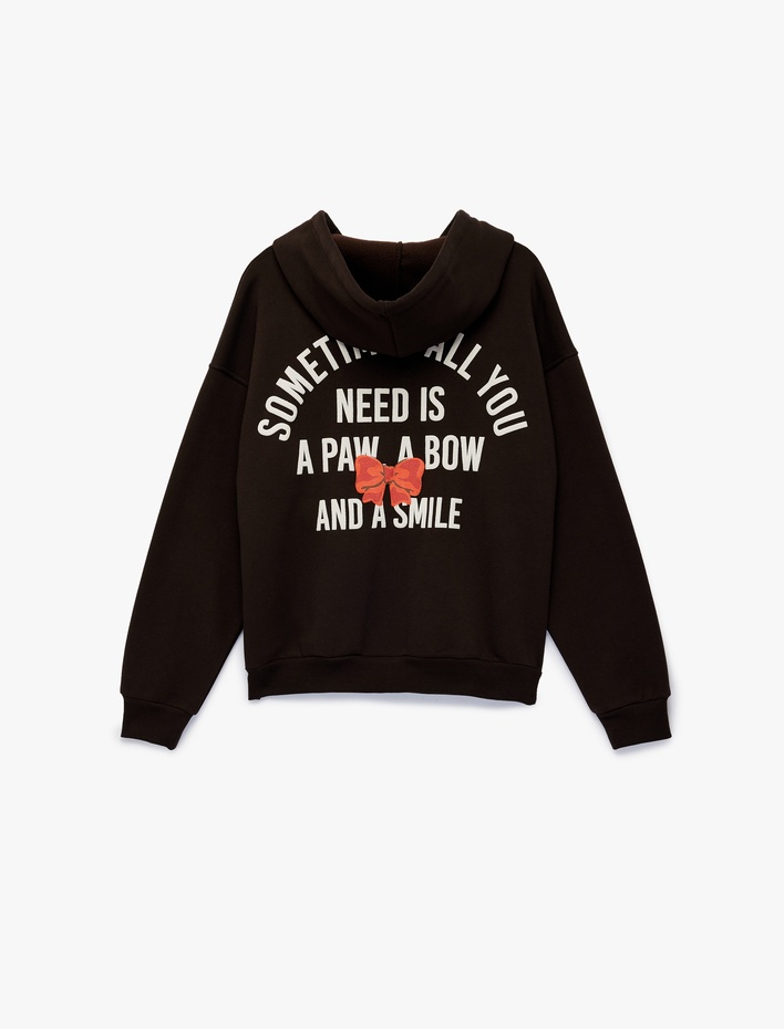  Rahat Kalıp Kapüşonlu Fermuarlı Kedi Arkası Baskılı Nakışlı Sweatshirt