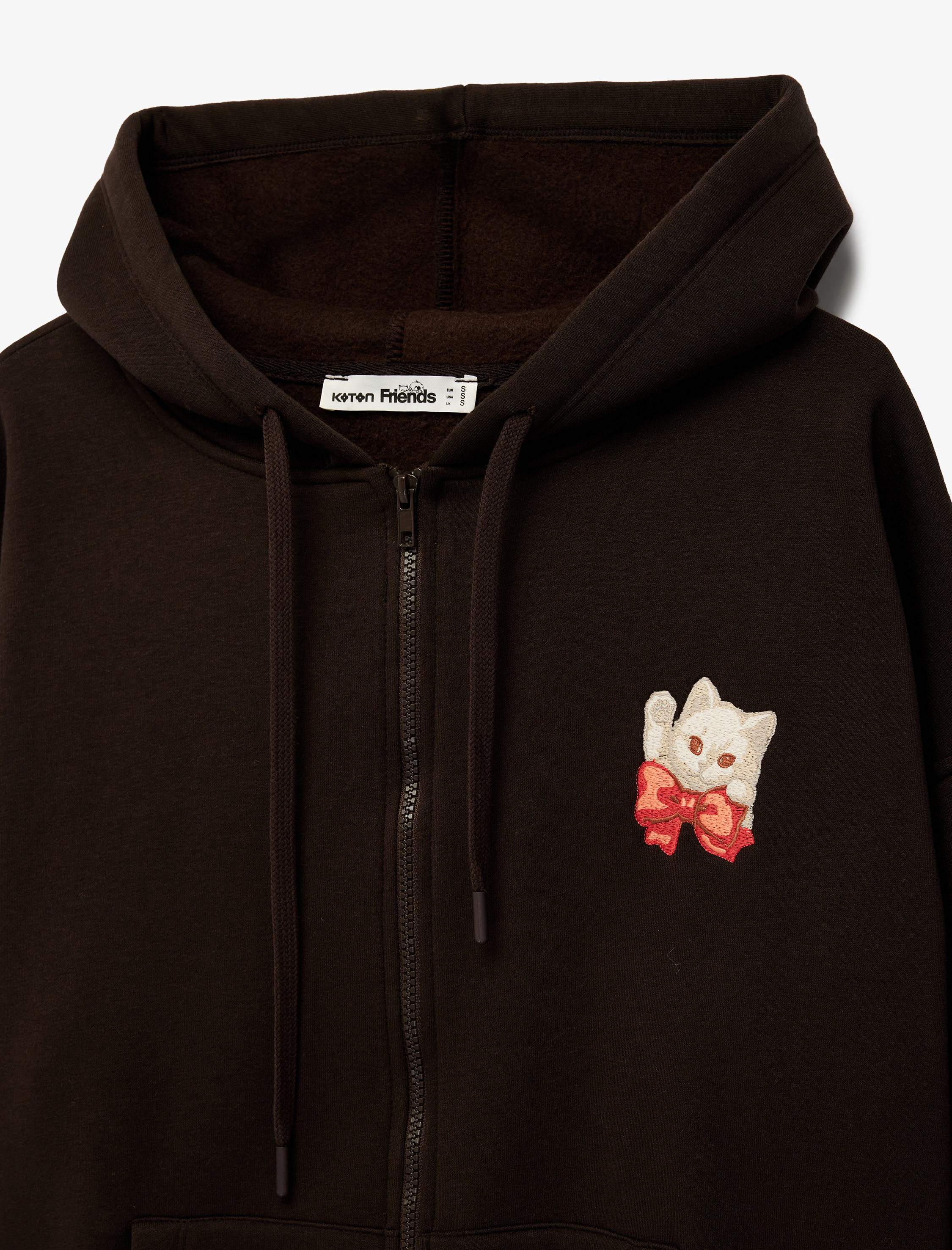   Rahat Kalıp Kapüşonlu Fermuarlı Kedi Arkası Baskılı Nakışlı Sweatshirt