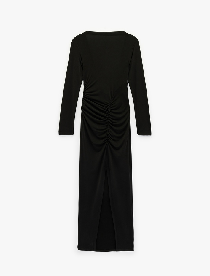  Slim Fit Drapeli Uzun Kollu Hakim Yaka Uzun Elbise