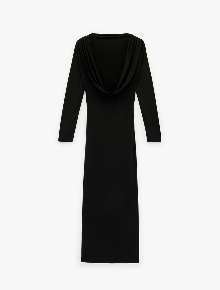  Slim Fit Drapeli Uzun Kollu Hakim Yaka Uzun Elbise