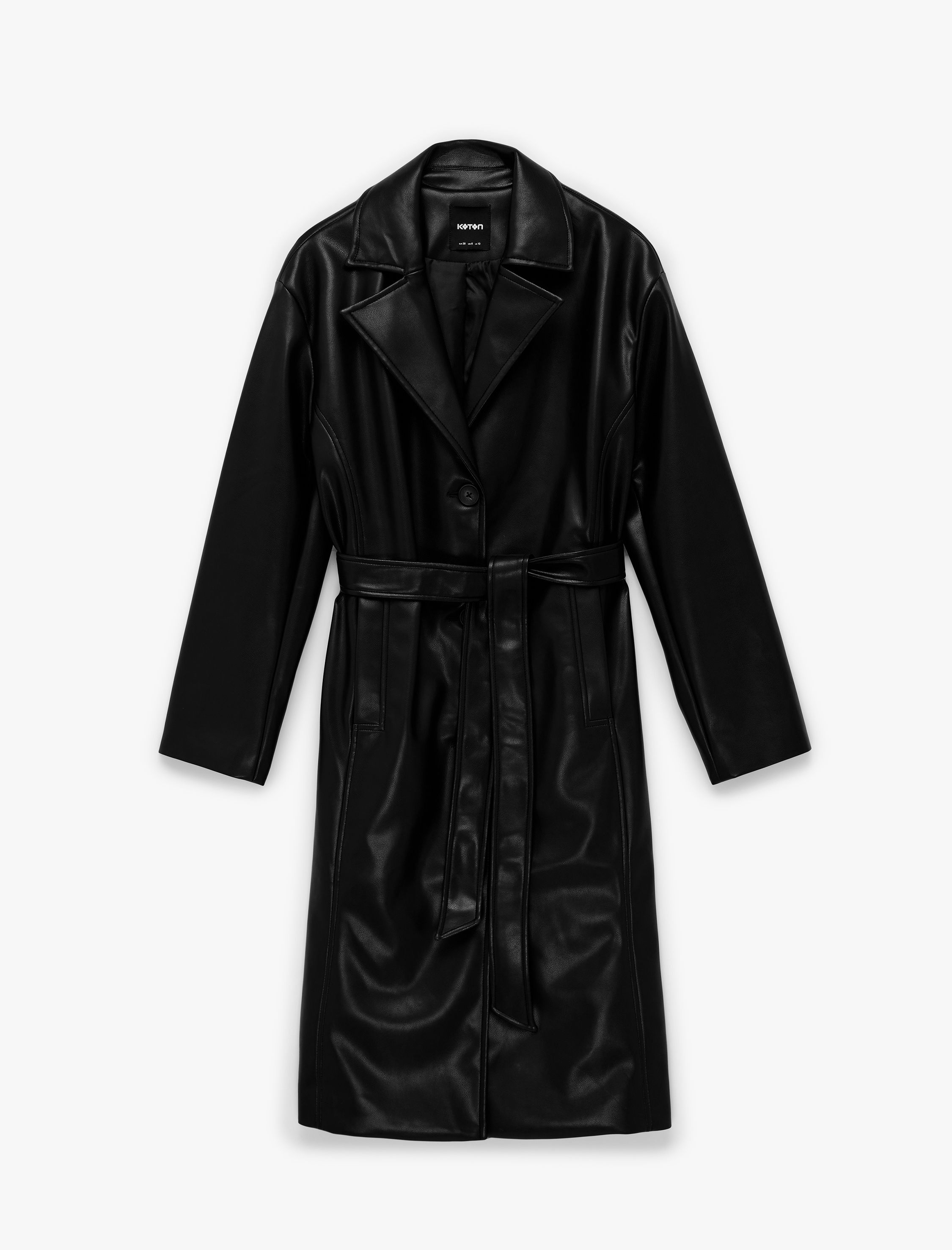   Uzun Kollu Cepli Kemerli Suni Deri Trençkot