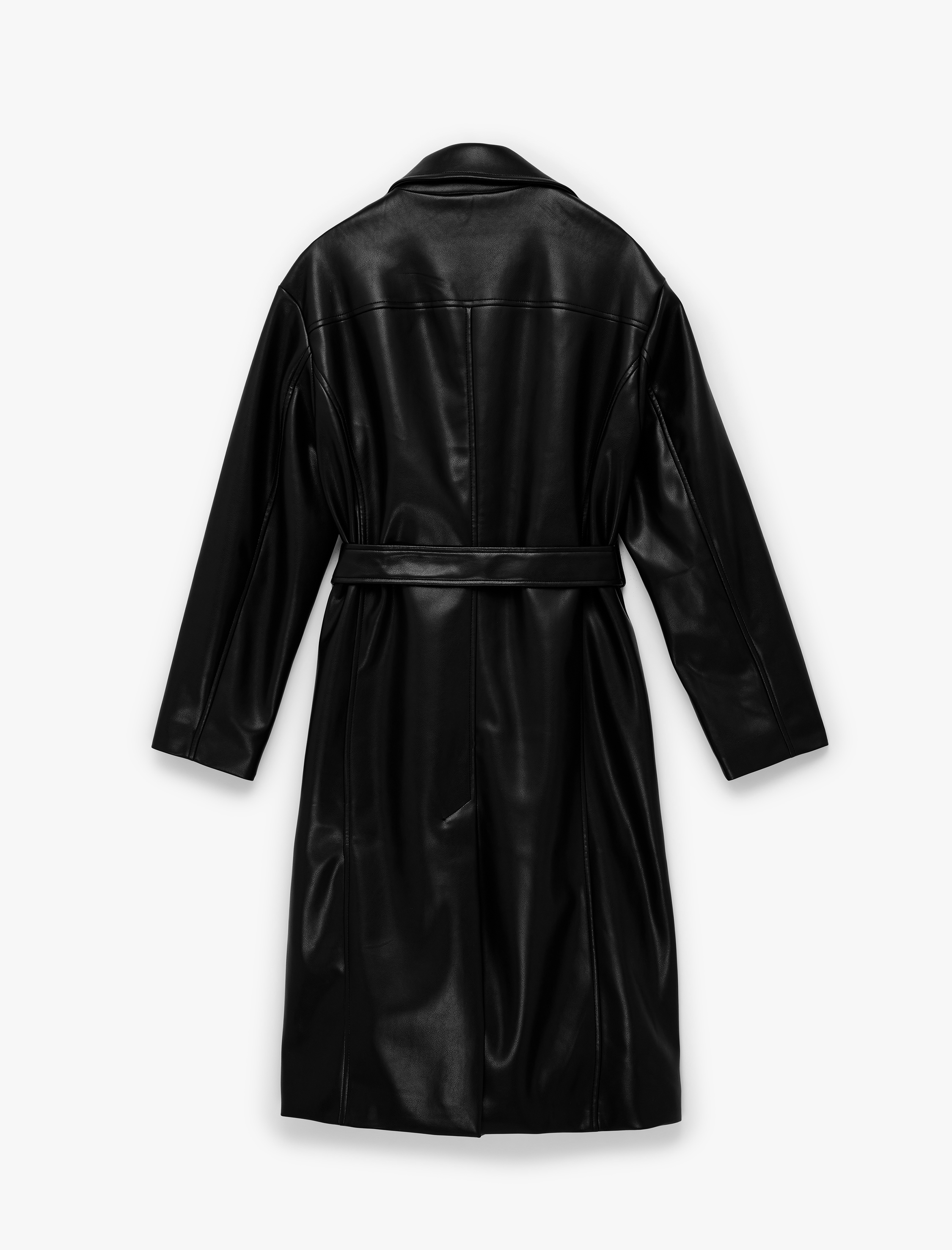   Uzun Kollu Cepli Kemerli Suni Deri Trençkot