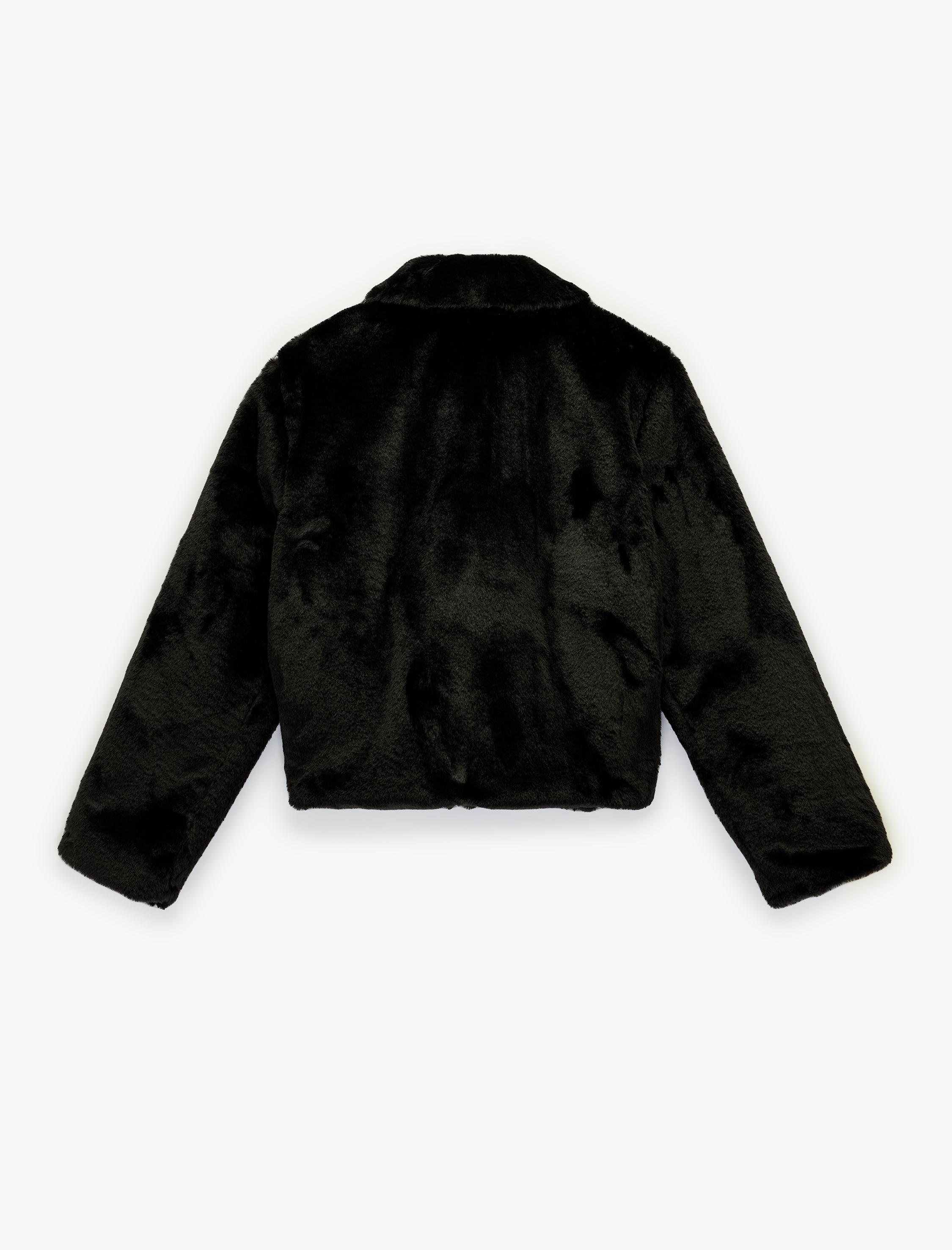   Uzun Kollu Cepli Düğmeli Suni Kürk Kısa Ceket