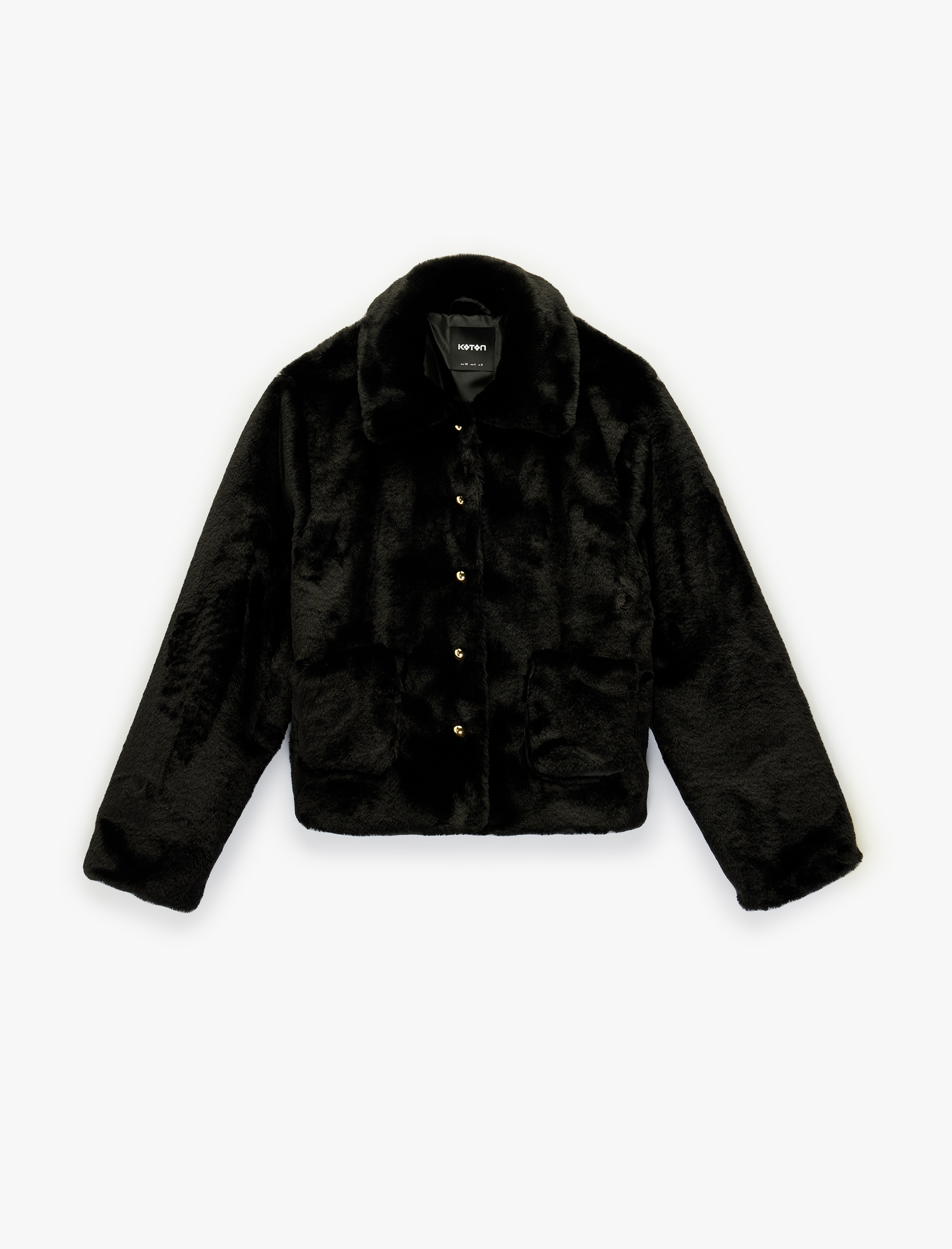   Uzun Kollu Cepli Düğmeli Suni Kürk Kısa Ceket