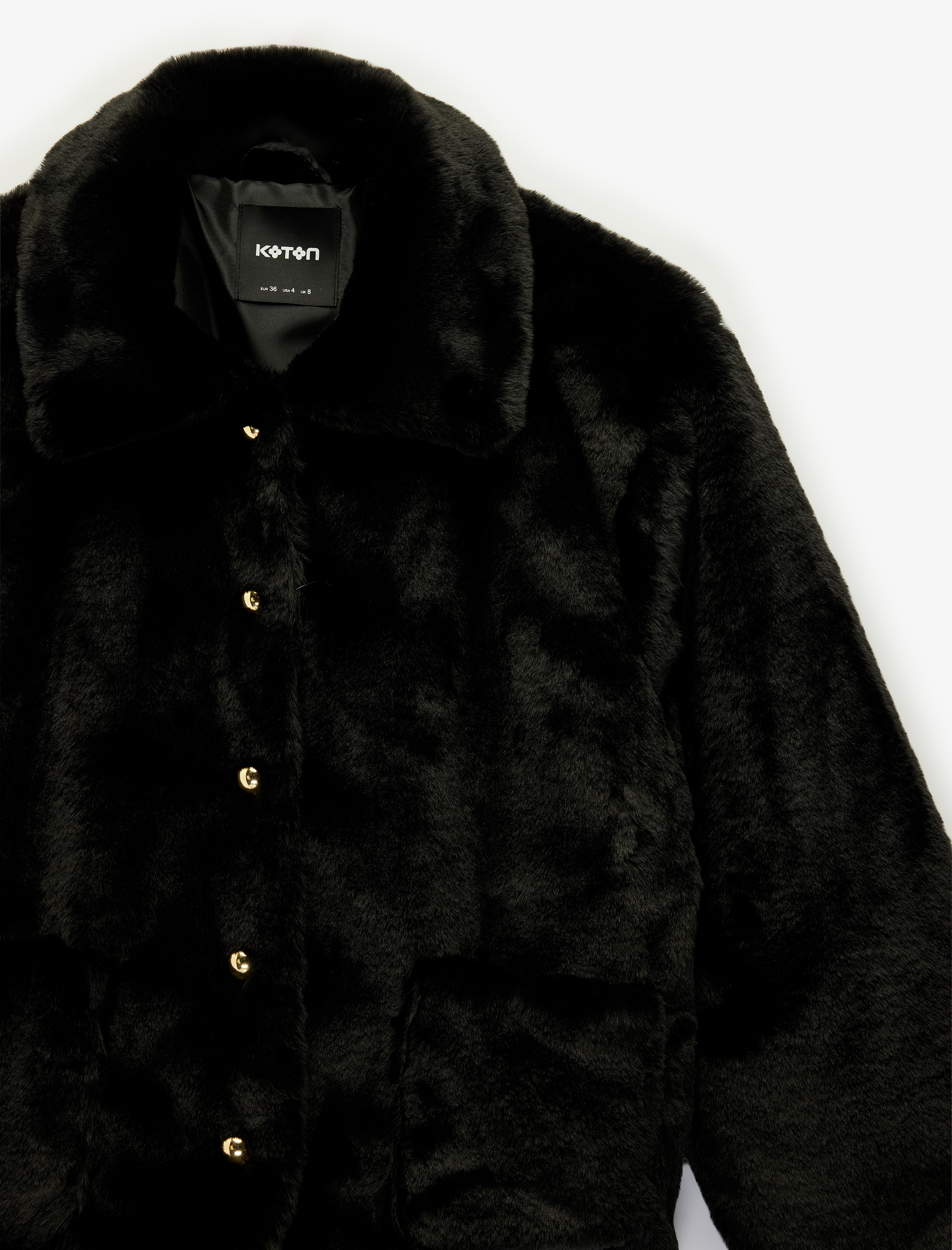   Uzun Kollu Cepli Düğmeli Suni Kürk Kısa Ceket