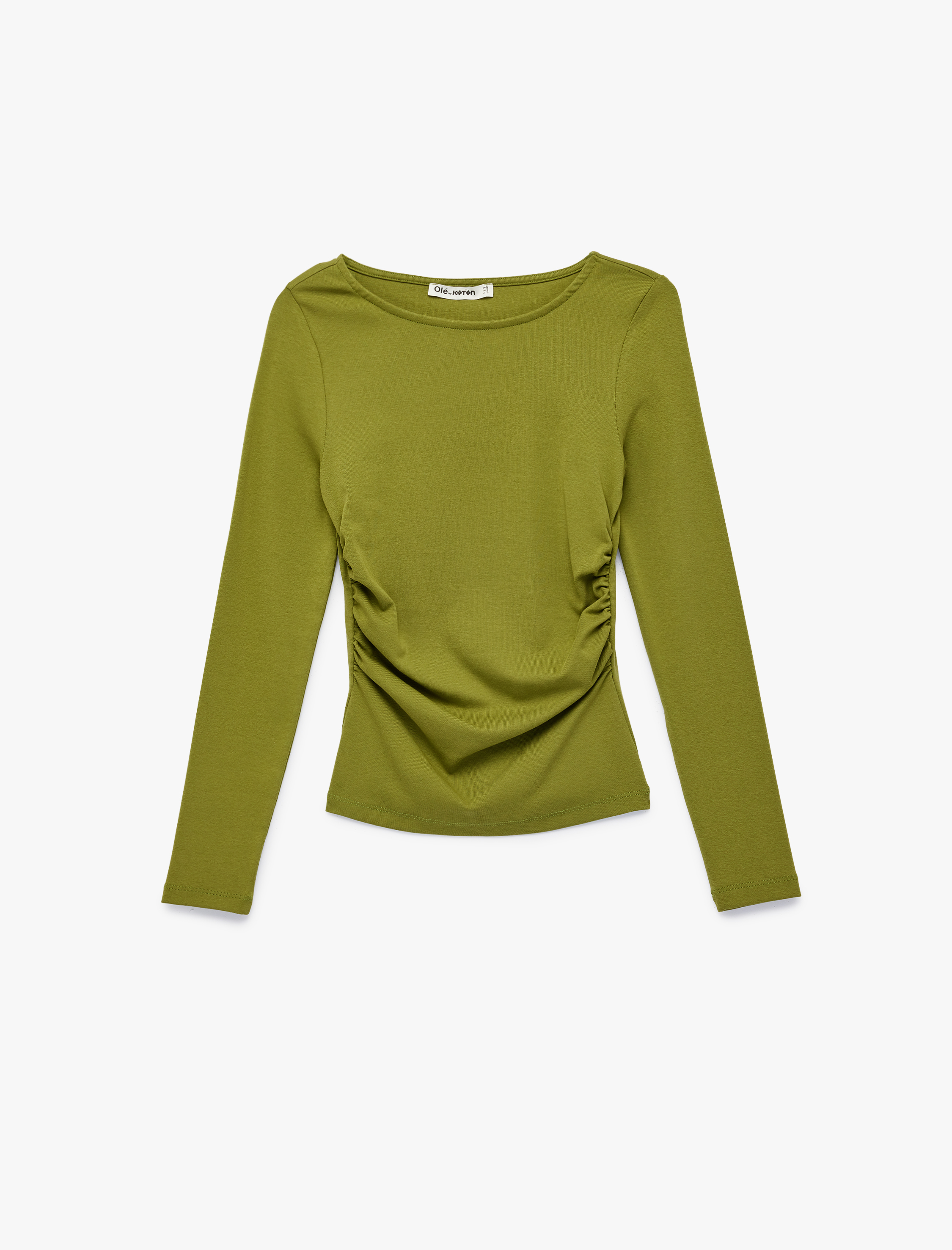   Pamuklu Slim Fit Kayık Yaka Drapeli Uzun Kollu Tişört