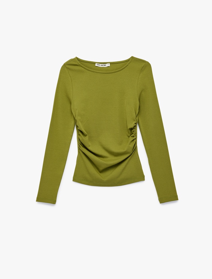  Pamuklu Slim Fit Kayık Yaka Drapeli Uzun Kollu Tişört