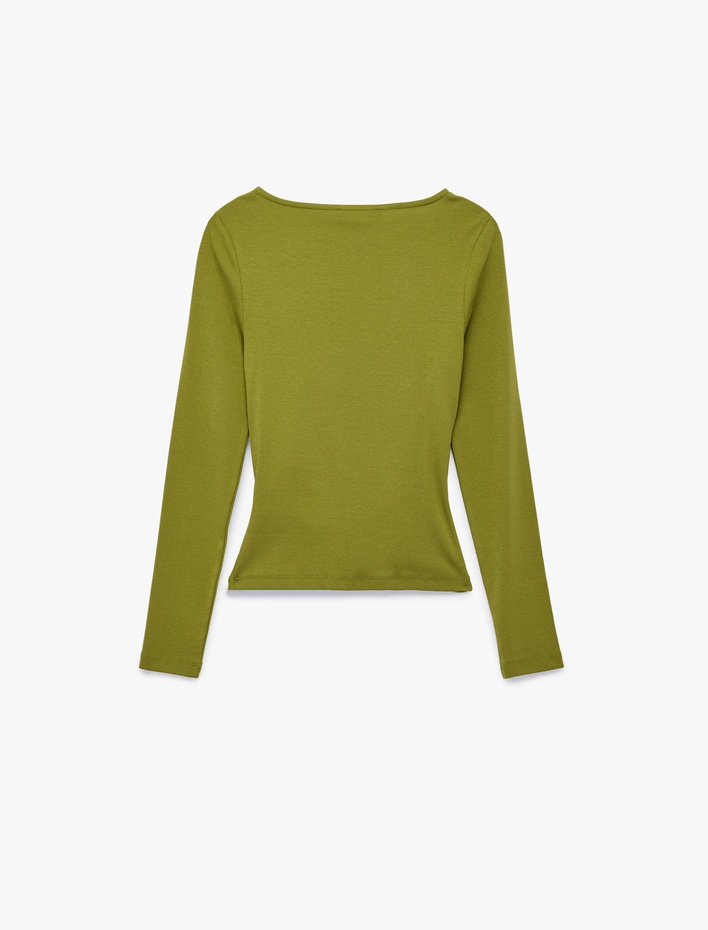  Pamuklu Slim Fit Kayık Yaka Drapeli Uzun Kollu Tişört