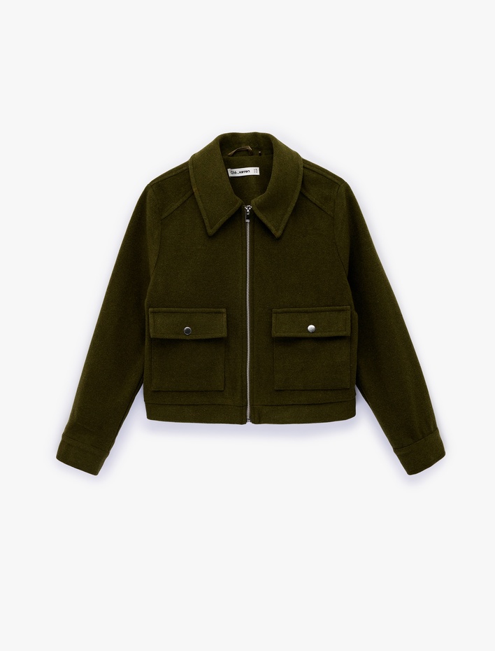  Uzun Kollu Klasik Yaka Cep Detaylı Oversize Fermuarlı Ceket