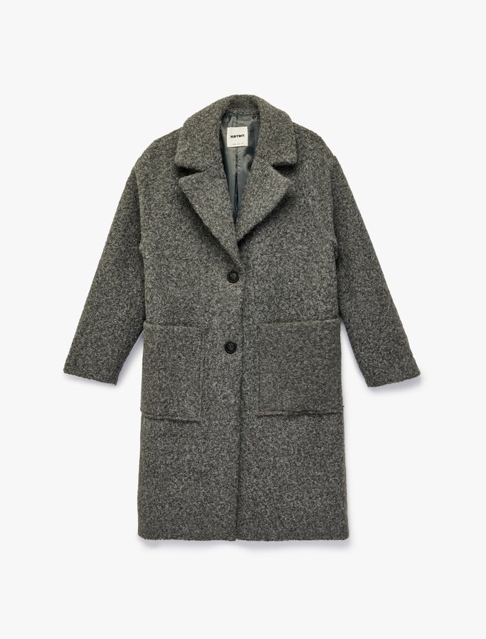  Uzun Kollu Cepli Düğmeli Kruvaze Uzun Buklet Kaban