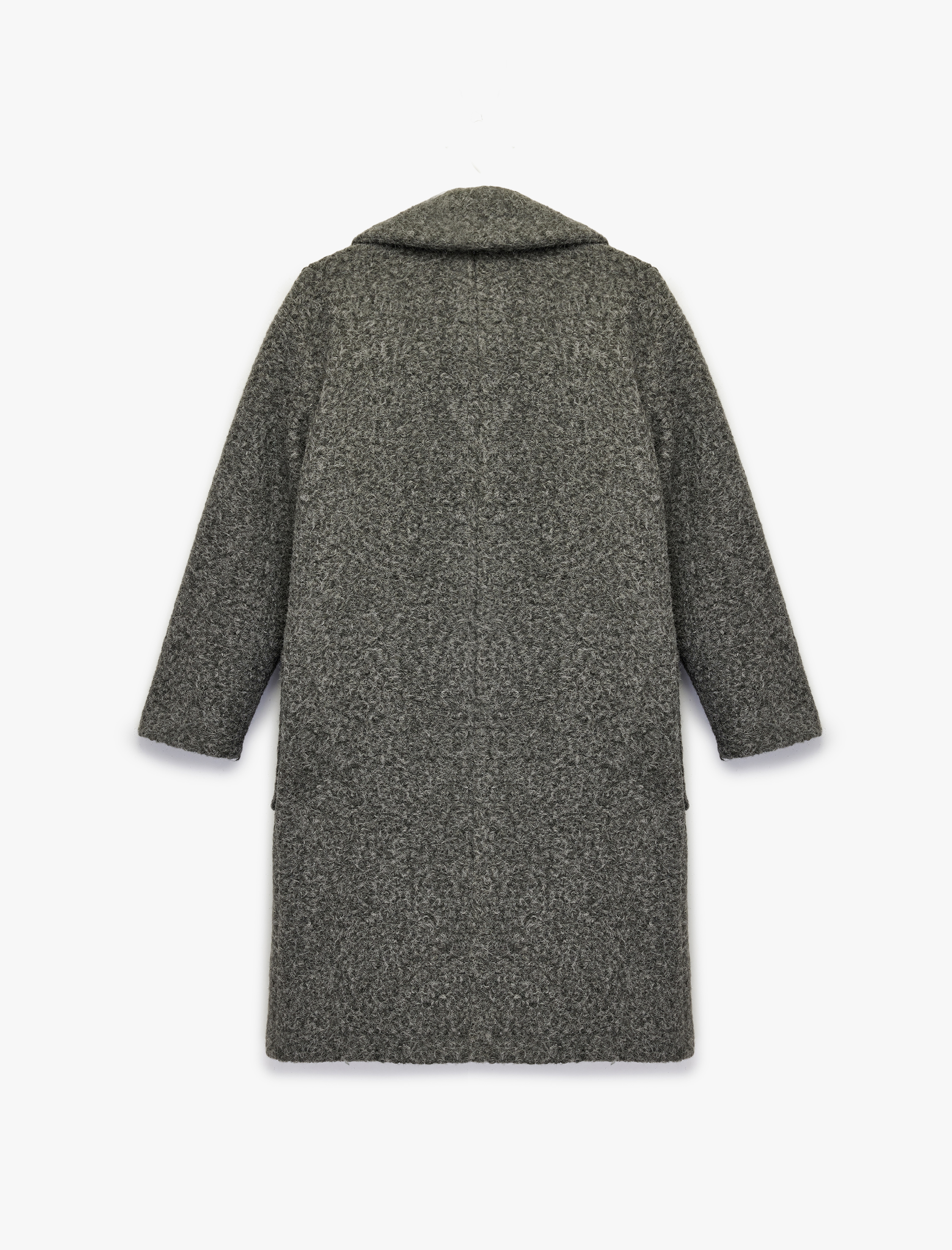   Uzun Kollu Cepli Düğmeli Kruvaze Uzun Buklet Kaban