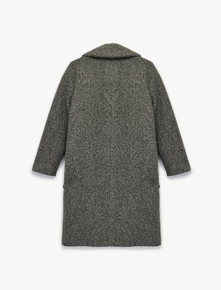  Uzun Kollu Cepli Düğmeli Kruvaze Uzun Buklet Kaban