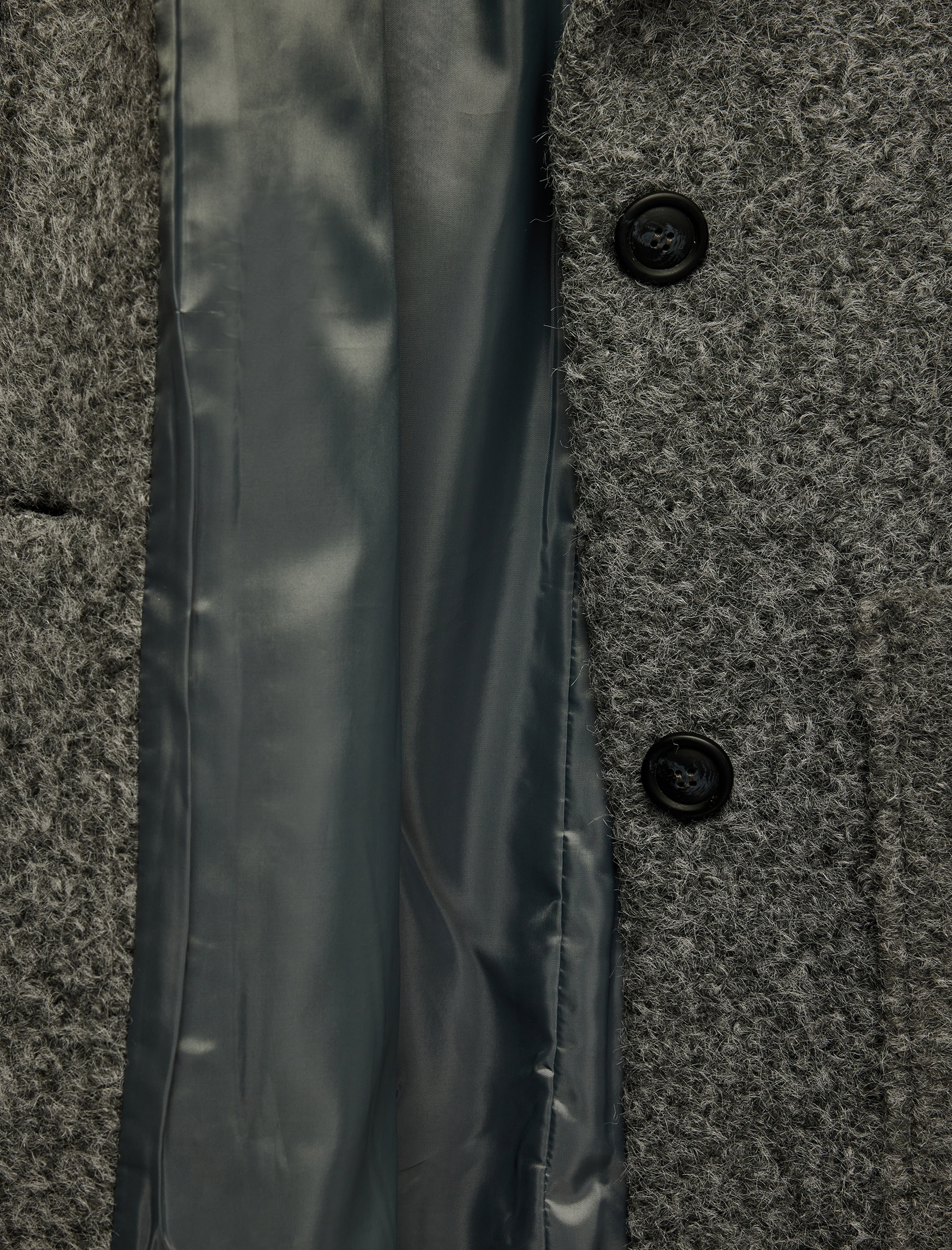   Uzun Kollu Cepli Düğmeli Kruvaze Uzun Buklet Kaban