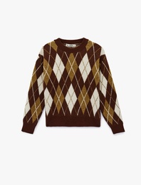 Uzun Kollu Bisiklet Yaka Baklava Desenli Triko Kazak