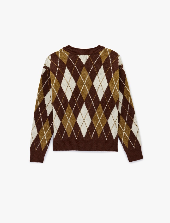  Uzun Kollu Bisiklet Yaka Baklava Desenli Triko Kazak