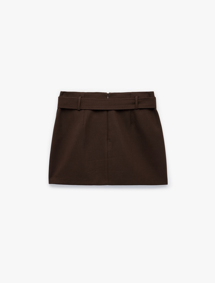  Slim Fit Kemer Detaylı Mini A Kesim Etek