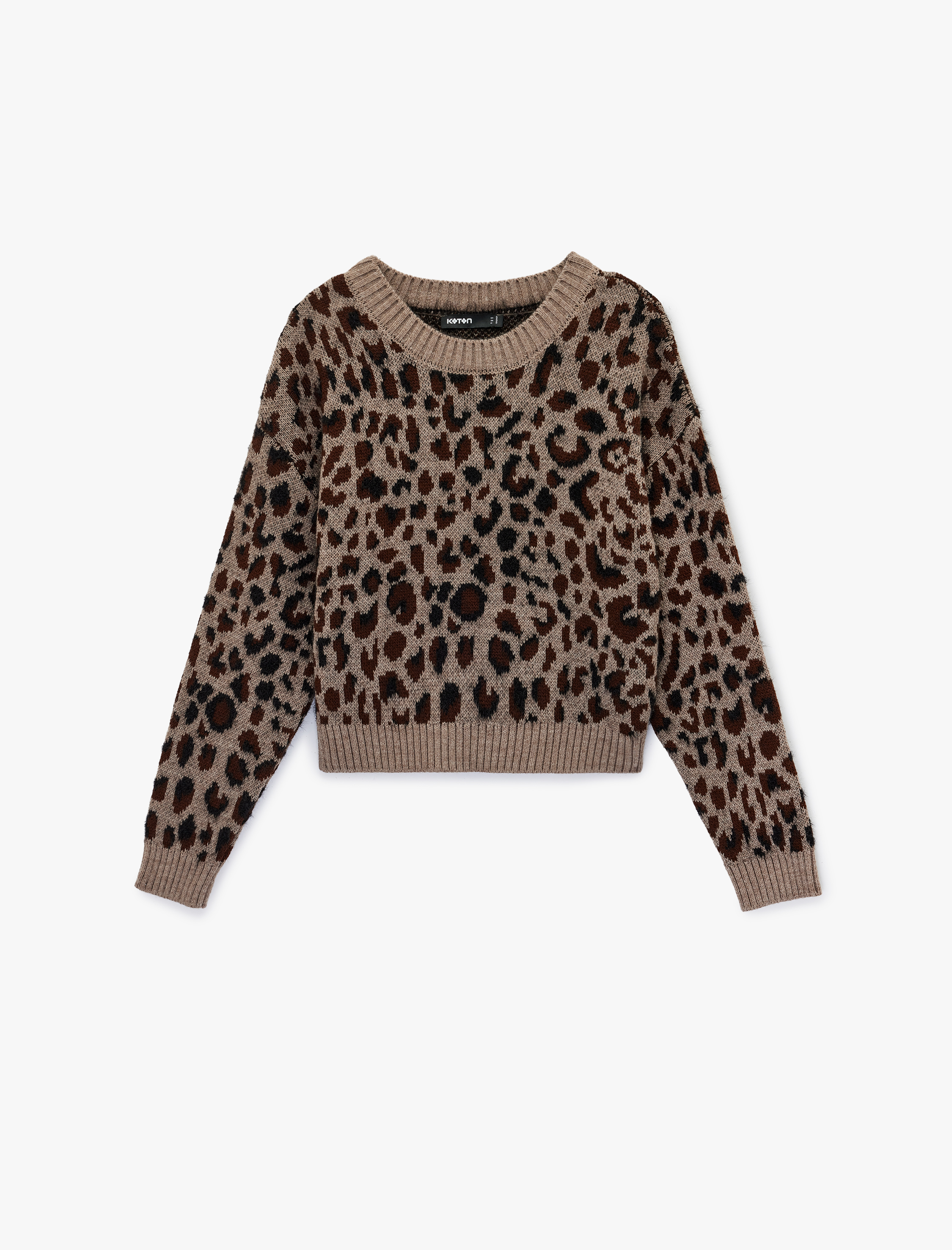   Uzun Kollu Geniş Yuvarlak Yaka Leopar Desenli Oversize Triko Kazak