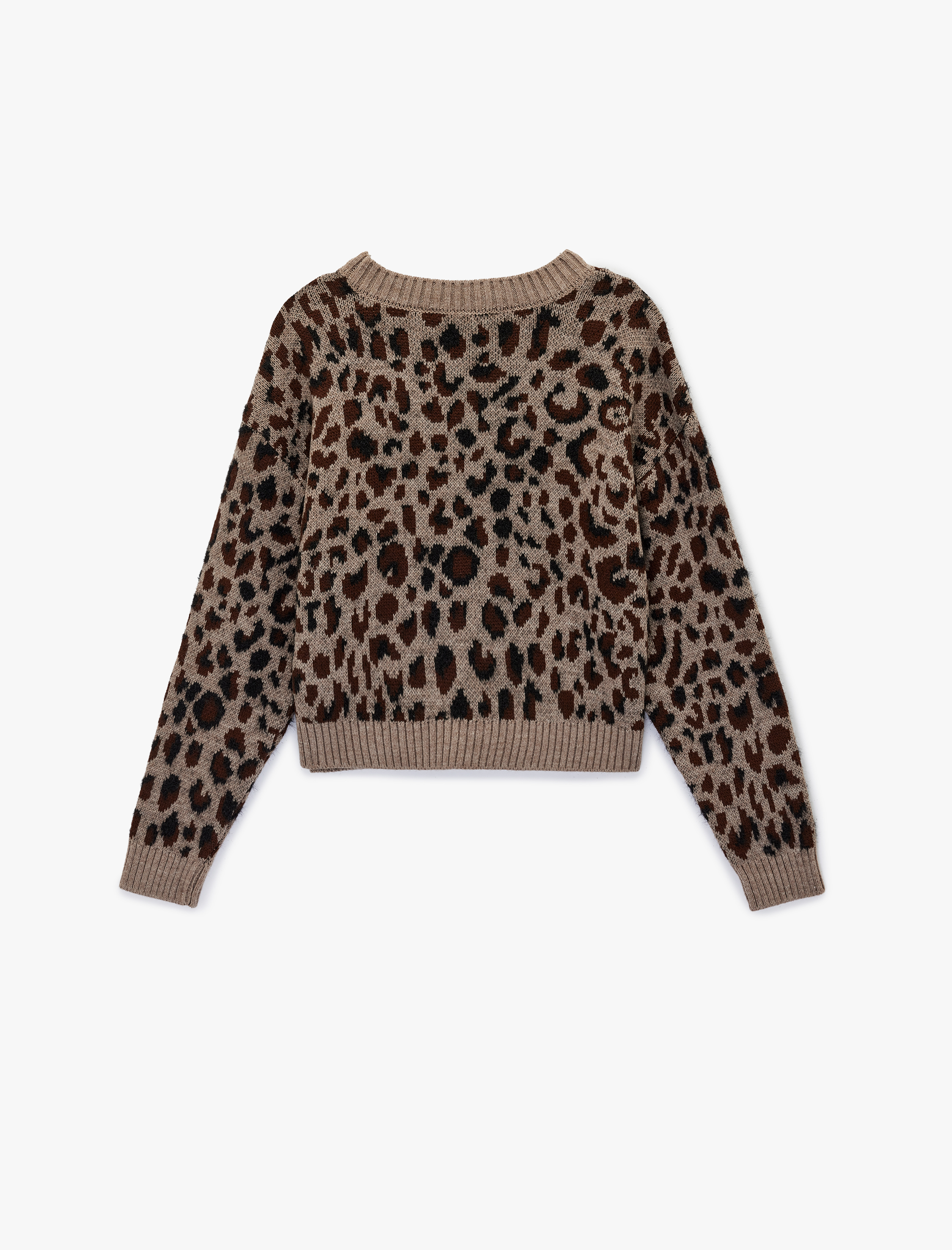   Uzun Kollu Geniş Yuvarlak Yaka Leopar Desenli Oversize Triko Kazak