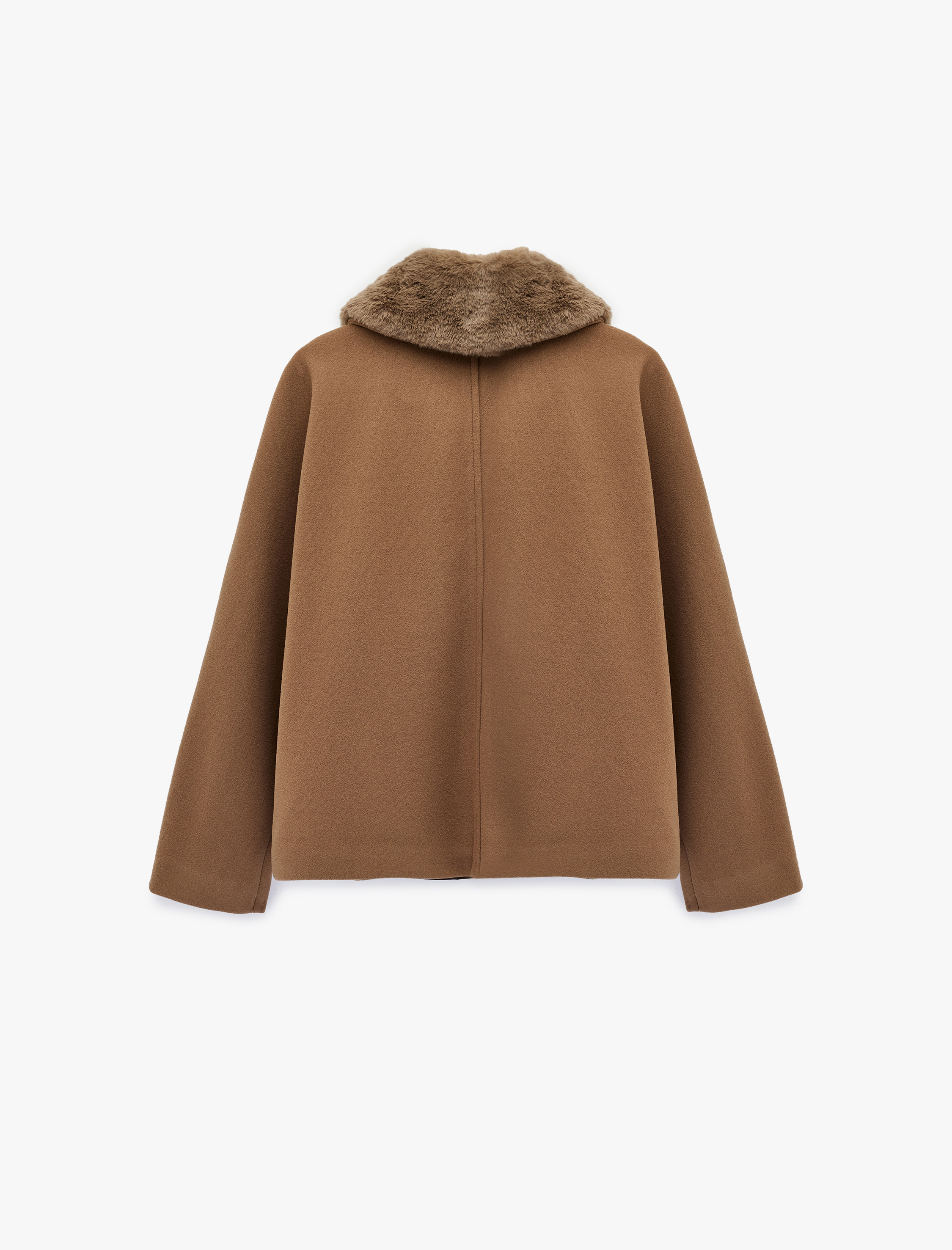   Uzun Kollu Çıkarılabilir Suni Kürk Yaka Oversize Kısa Kaşe Kaban