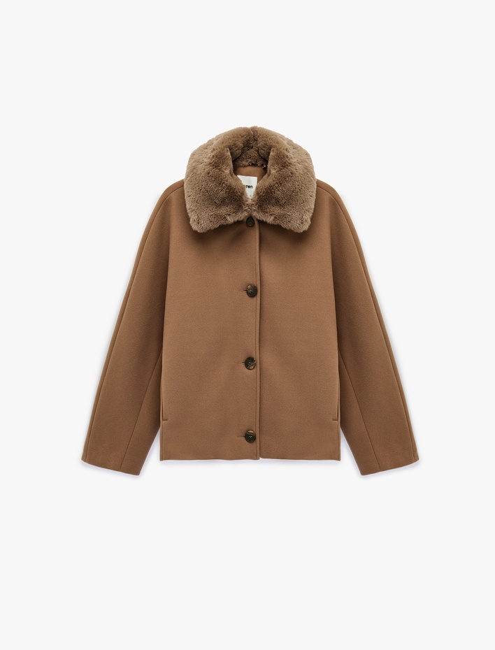  Uzun Kollu Çıkarılabilir Suni Kürk Yaka Oversize Kısa Kaşe Kaban