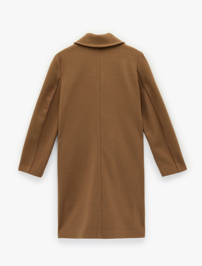  Uzun Kollu Düğmeli Cepli Kruvaze Uzun Kaşe Kaban