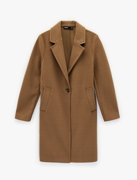 Uzun Kollu Düğmeli Cepli Kruvaze Uzun Kaşe Kaban