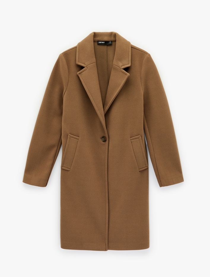  Uzun Kollu Düğmeli Cepli Kruvaze Uzun Kaşe Kaban