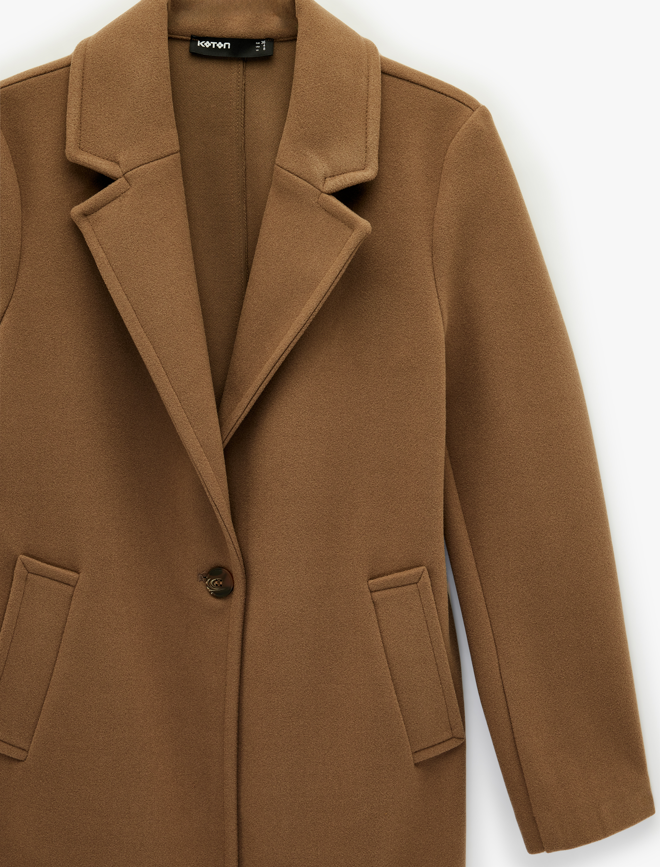   Uzun Kollu Düğmeli Cepli Kruvaze Uzun Kaşe Kaban