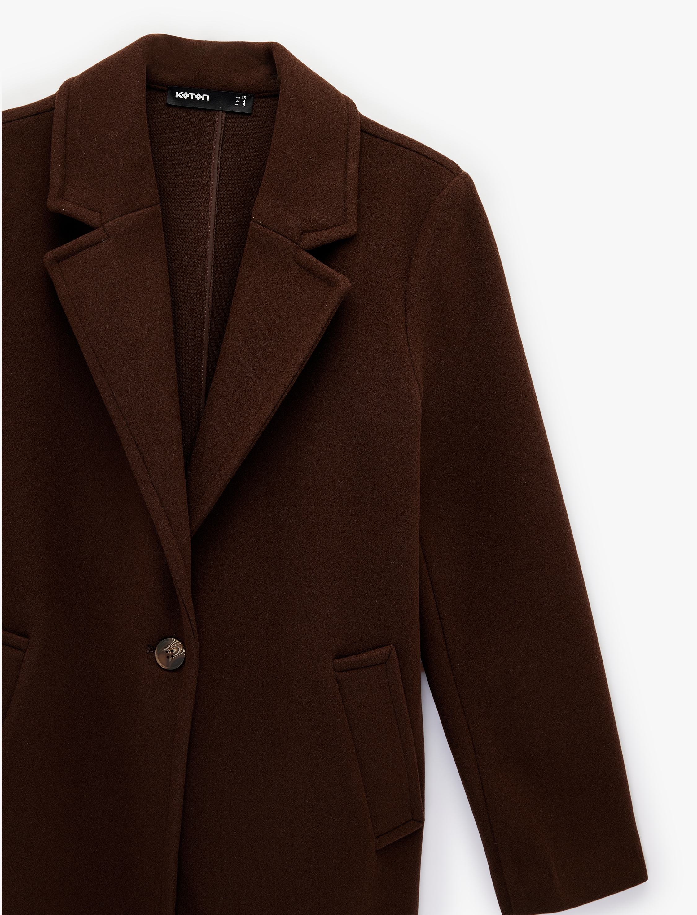   Uzun Kollu Düğmeli Cepli Kruvaze Uzun Kaşe Kaban