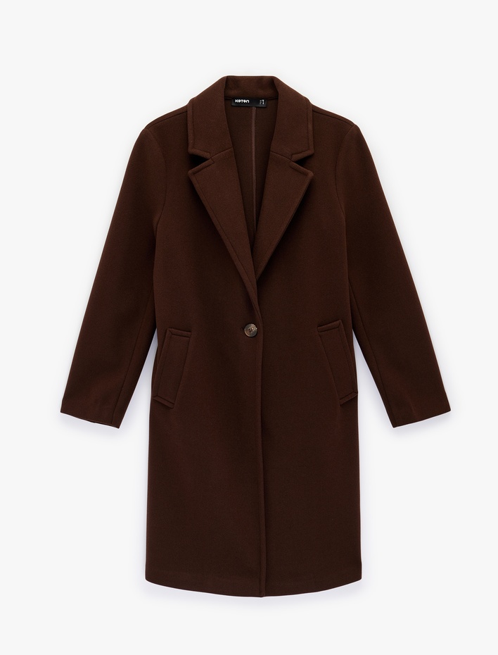  Uzun Kollu Düğmeli Cepli Kruvaze Uzun Kaşe Kaban