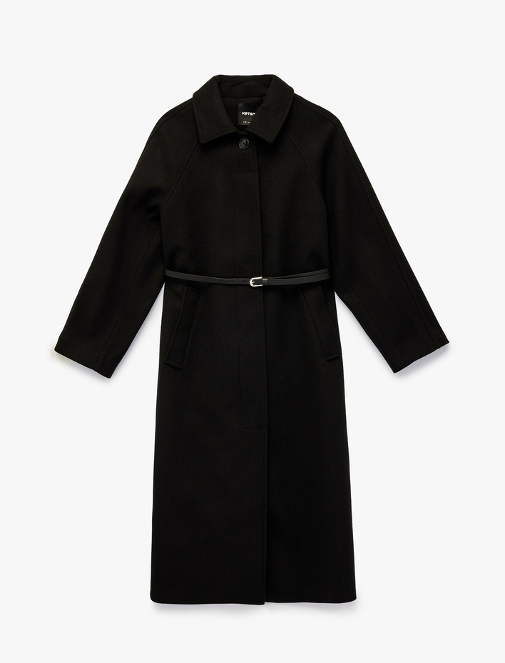  Kemerli Kaşe Kaban Cepli Regular Fit Uzun Kollu