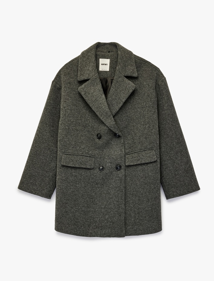  Uzun Kollu Düğmeli Cepli Kruvaze Kaşe Kaban