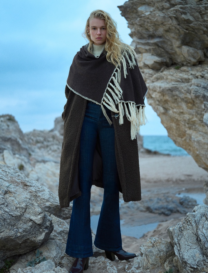 Kadın Püsküllü Dikiş Detaylı Triko Uzun Atkı