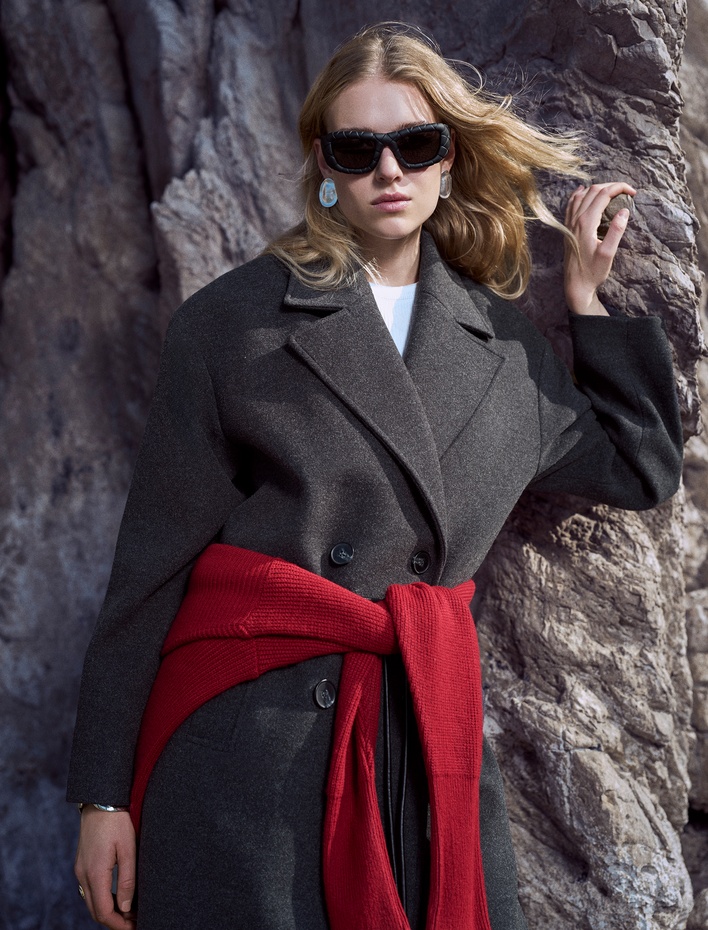  Koton X Şahika Ercümen - Oversize Kaban Kaşe Uzun Düğmeli Cepli Kruvaze