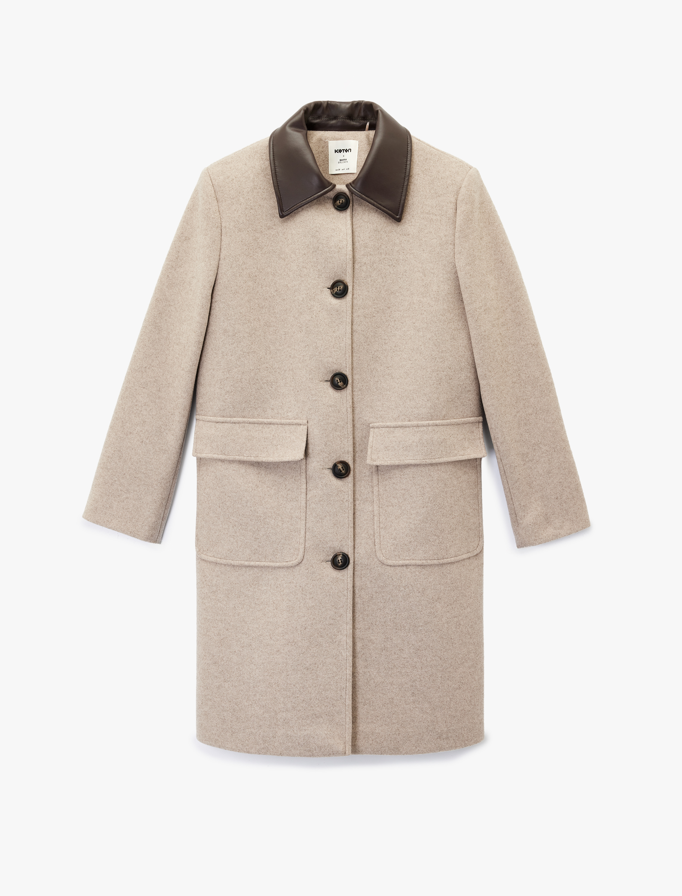   Koton X Şahika Ercümen - Suni Deri Yaka Kemerli Kaban Uzun Kollu Cepli Düğmeli