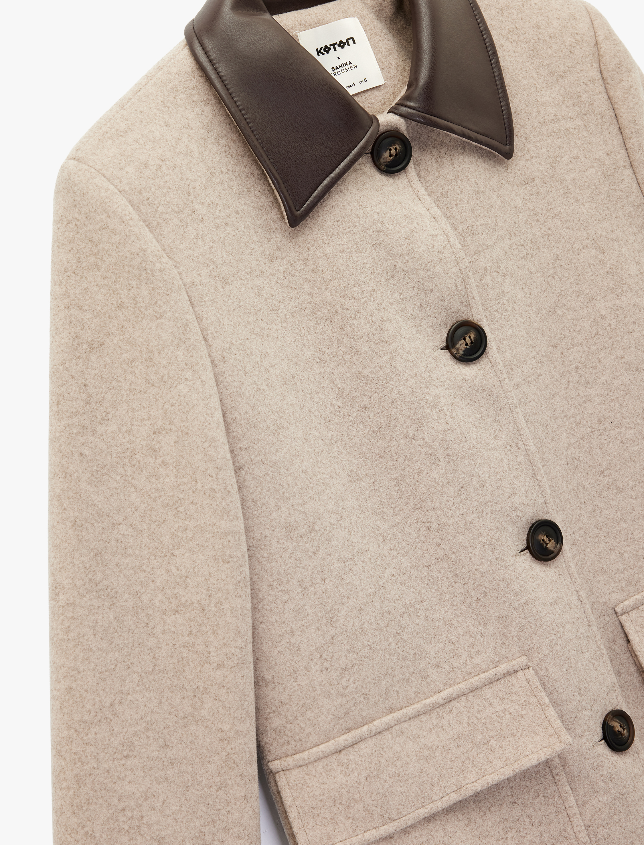   Koton X Şahika Ercümen - Suni Deri Yaka Kemerli Kaban Uzun Kollu Cepli Düğmeli