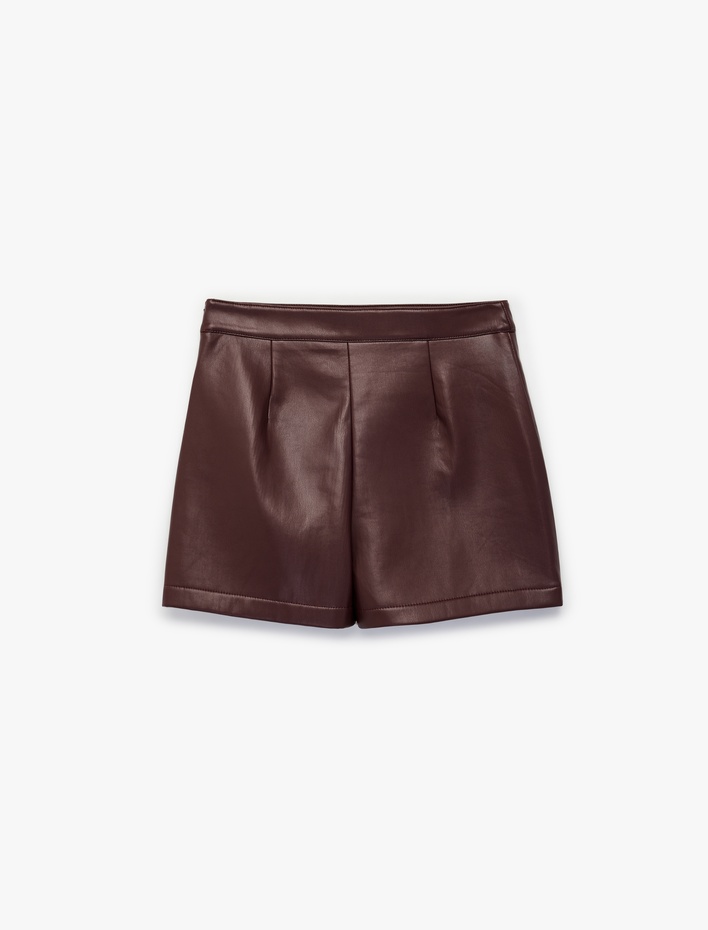  Yırtmaç Detaylı A Kesim Mini Suni Deri Şort Etek