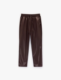 Beli Lastikli Yan Cepli Cigarette Suni Deri Pantolon