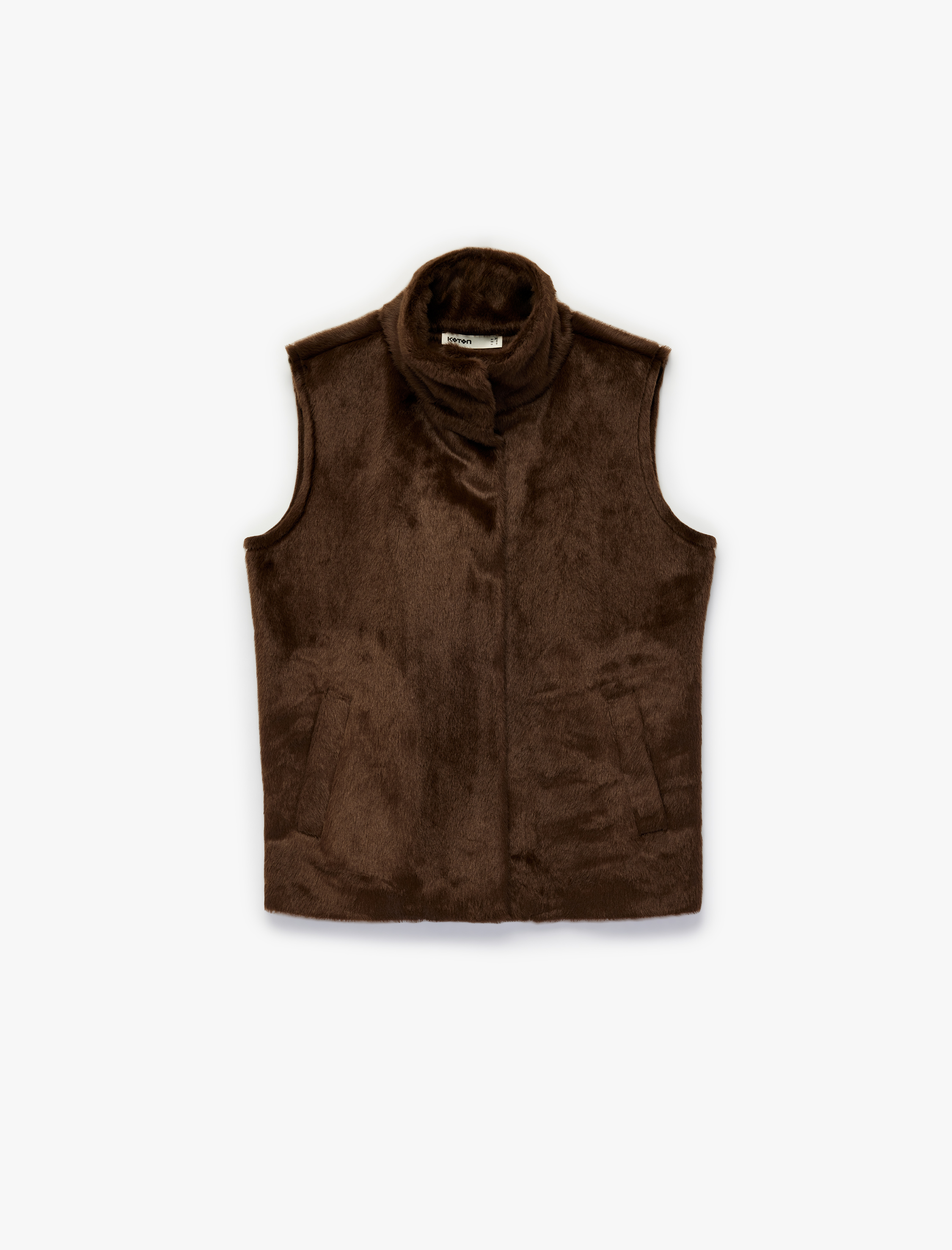   Çıt Çıt Düğme Detaylı Kolsuz Oversize Dik Yaka Suni Kürk Yelek