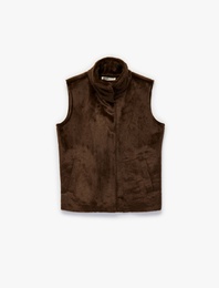 Çıt Çıt Düğme Detaylı Kolsuz Oversize Dik Yaka Suni Kürk Yelek