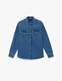 Rahat Kalıp Uzun Kollu Düğmeli Kapaklı Cepli Klasik Yaka Pamuklu Jean Gömlek