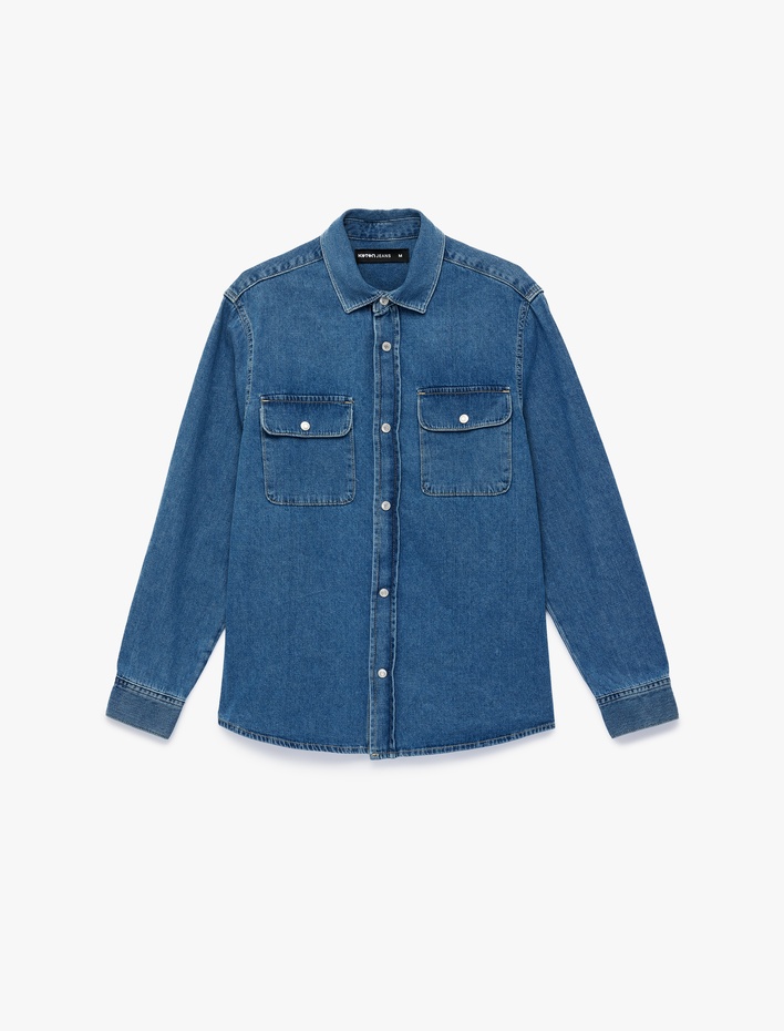  Rahat Kalıp Uzun Kollu Düğmeli Kapaklı Cepli Klasik Yaka Pamuklu Jean Gömlek